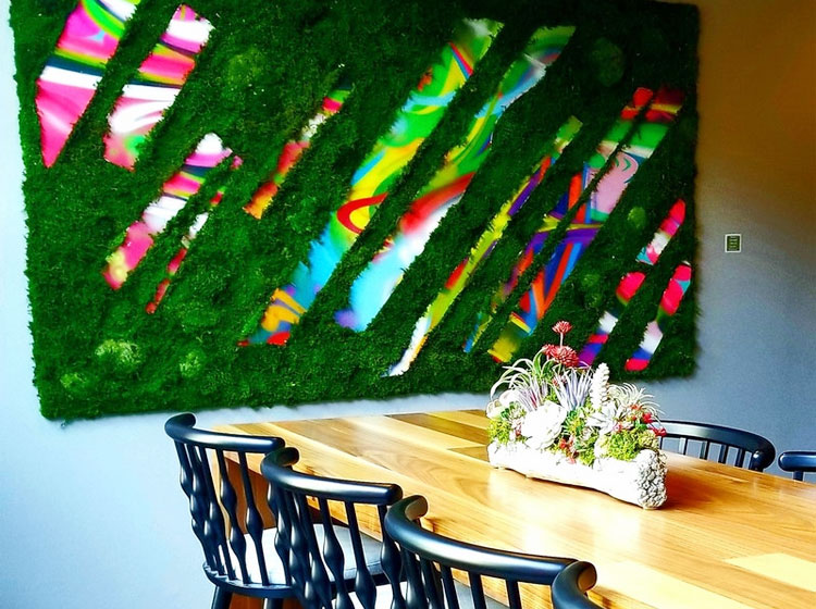 Tie dye moss wall in dining room